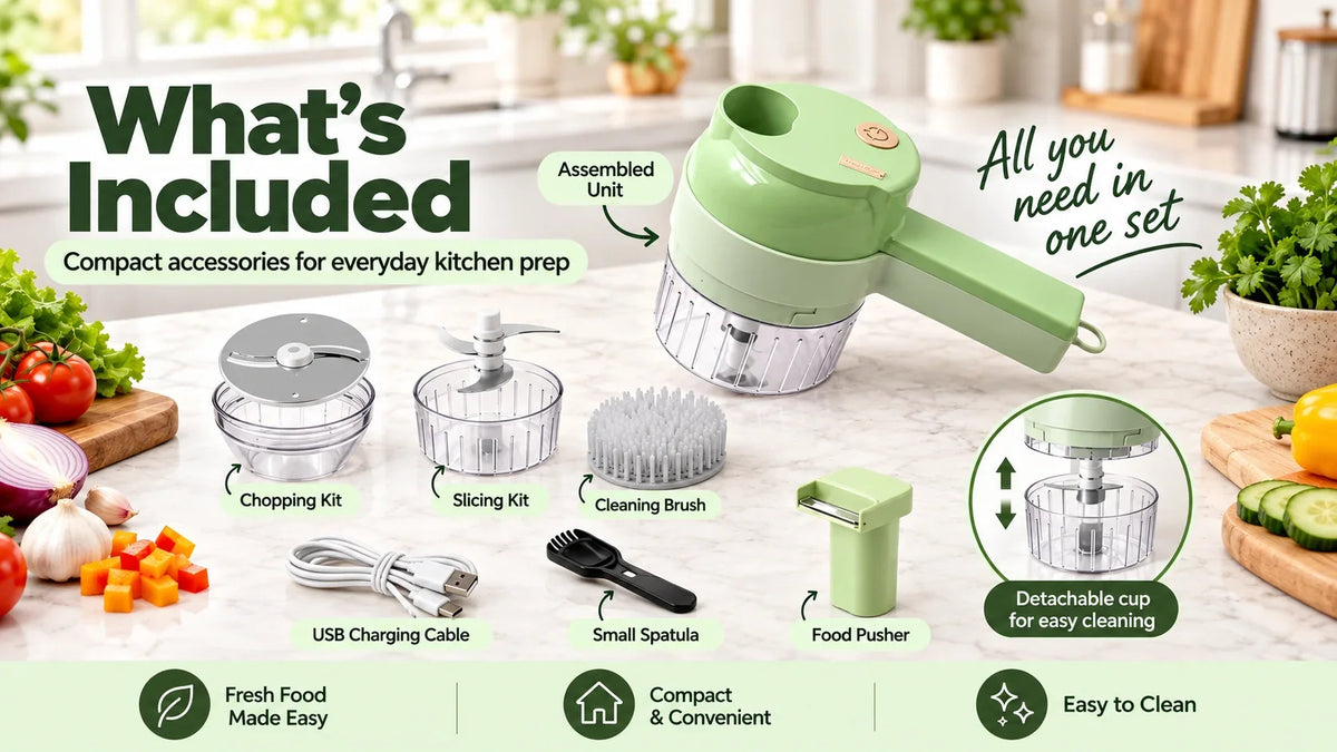 Wide reference of food chopper and accessories; actual box contents must be confirmed