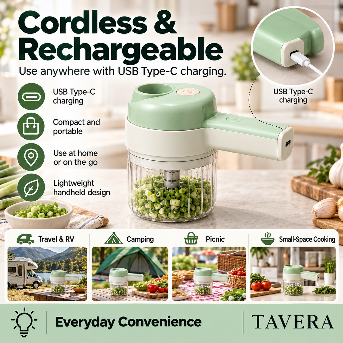 Cordless rechargeable food chopper: lifestyle and portability examples (illustrative)