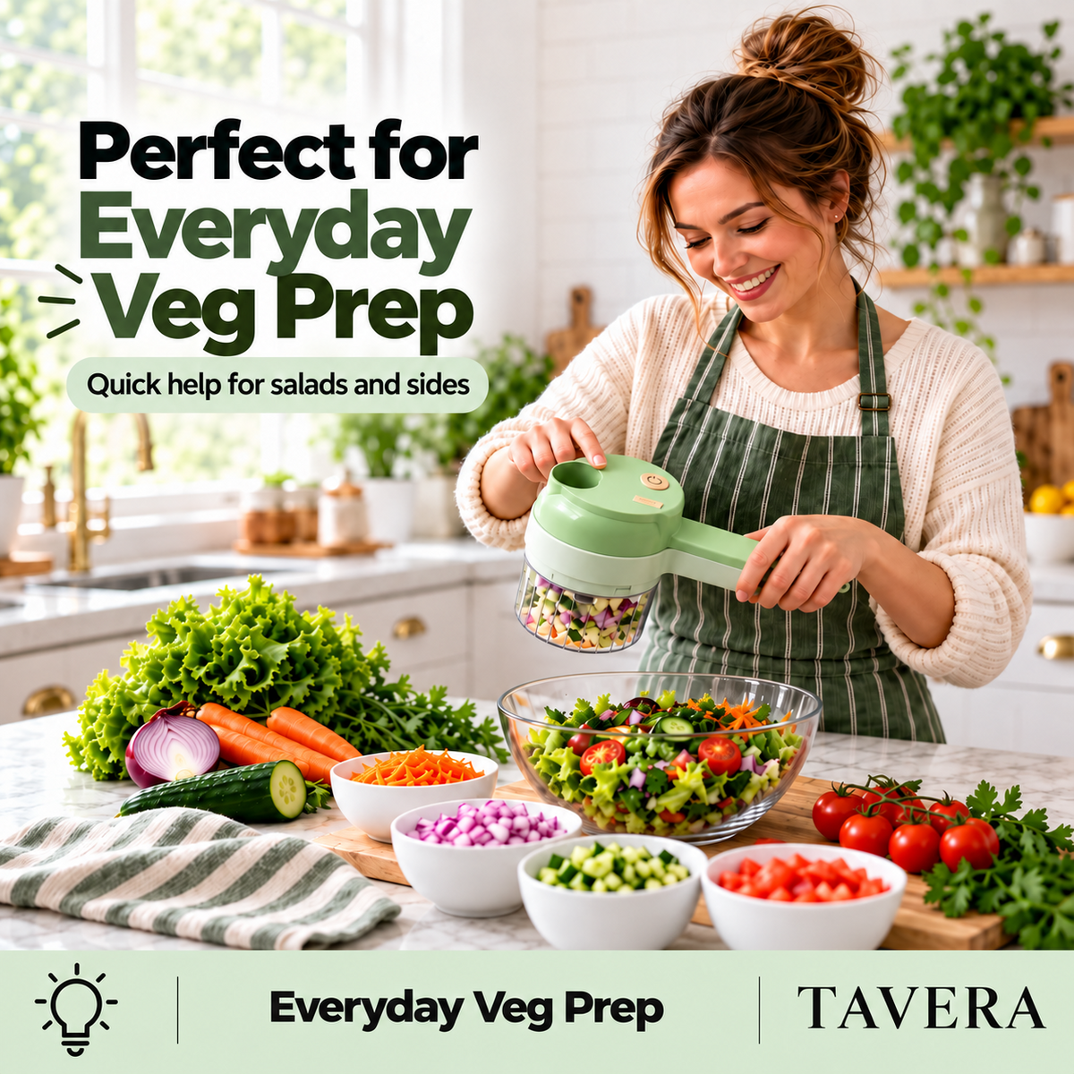 TAVERA cordless chopper used for everyday vegetable meal preparation
