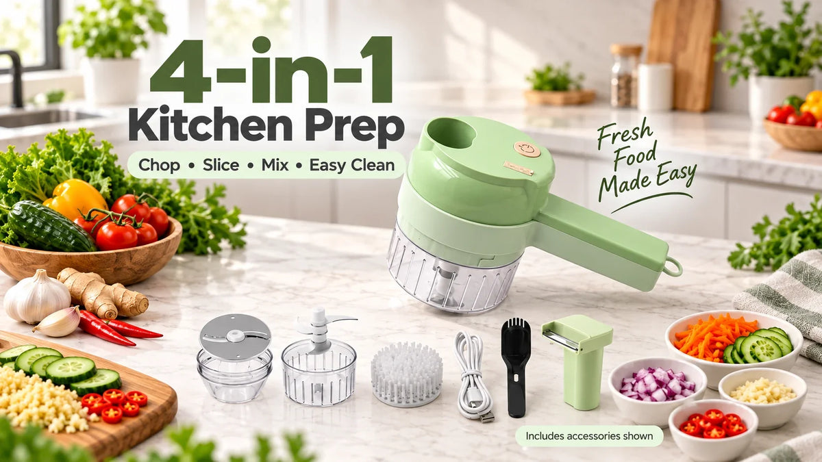 Wide 4-in-1 handheld rechargeable kitchen chopper reference image; final model and accessories must be verified