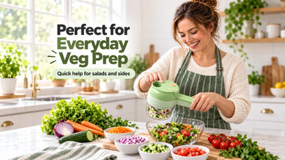 Illustrative lifestyle scene of vegetable prep with a handheld rechargeable chopper