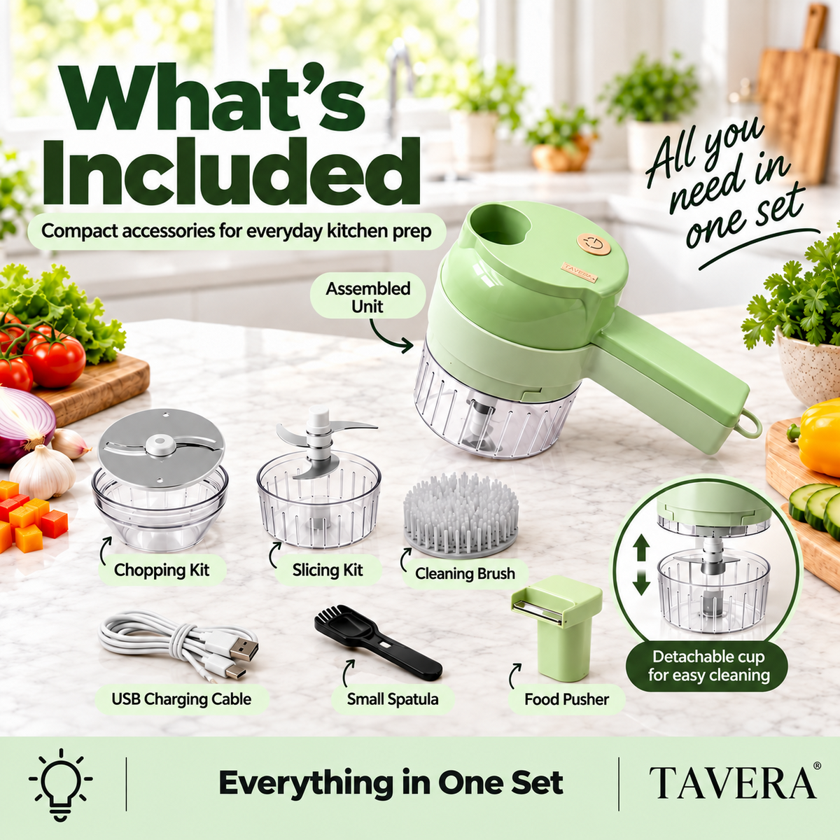 TAVERA 4-in-1 chopper and included chopping kit, slicing kit, cleaning brush and accessories