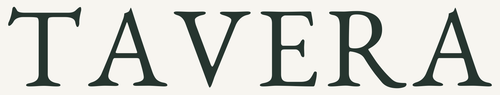 TAVERA wordmark in deep green-charcoal on warm ivory